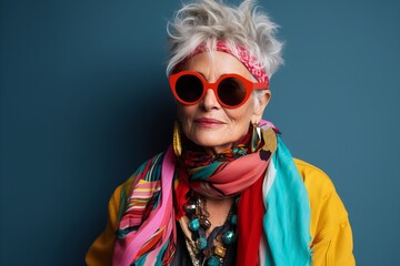 Portrait of a beautiful senior woman wearing colorful clothes and sunglasses.