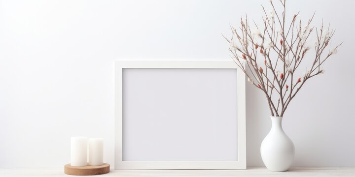 Arrange white frame and branches in vase on shelf or desk.