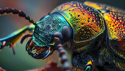 a close up of a colorful insect on a plant - obrazy, fototapety, plakaty