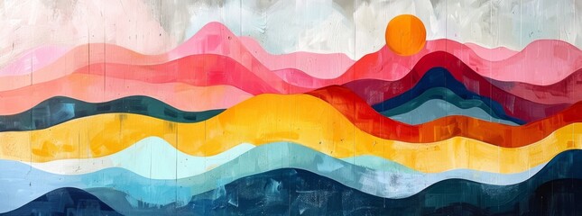 Vibrant abstract mural with undulating waves of color ranging from sunny yellows to deep blues, reminiscent of a stylized sunrise over hills. - obrazy, fototapety, plakaty