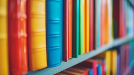 Colorful book spines on a library shelf in a modern educational setting emphasizing knowledge and diverse literature.