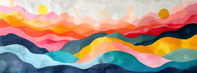 Vibrant abstract mural with undulating waves of color ranging from sunny yellows to deep blues, reminiscent of a stylized sunrise over hills. - obrazy, fototapety, plakaty