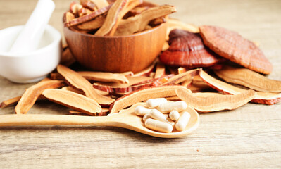 Fototapeta premium Lingzhi or Reishi mushroom with capsules, organic natural healthy food.