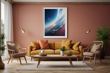 Interior of modern living room with brown sofa, coffee table and picture on wall