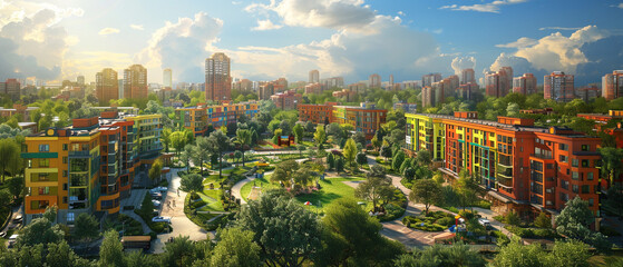 3D animated scene of a vibrant real estate development with colorful buildings and parks