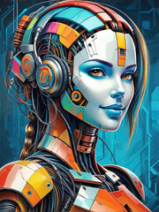 ai generative, female cyborg with mechanisms and wires in head, digital technological as a background