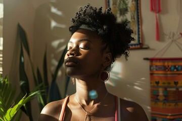 Black woman breathing and doing meditation at home - obrazy, fototapety, plakaty