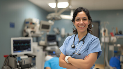 A happy confident senior Latino surgeon is in an operation room. A female doctor in a blue scrub suit preparing for an operation is smiling. Background design for hospital and health presentation. - obrazy, fototapety, plakaty