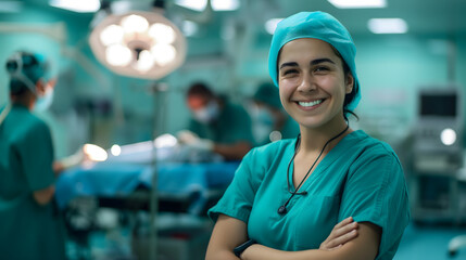A happy confident young Latino surgeon is in an operation room. A female doctor in a green scrub suit preparing for an operation is smiling. Background design for hospital and health presentation.