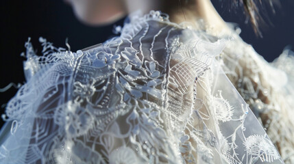 A closeup of a delicate lacelike garment with embedded sensors and smart fabric illustrating the invisible but integral connectivity that exists within the world of fashion