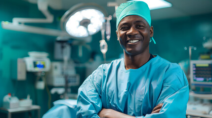 A happy confident young black surgeon is in an operation room. A male doctor in a blue scrub suit preparing for an operation is smiling. Background design for hospital and health presentation.
