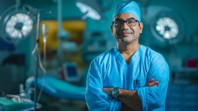 A happy and confident senior Indian surgeon is in an operation room. A male doctor in a blue scrub suit preparing for an operation is smiling. Background design for hospital and health presentation.
