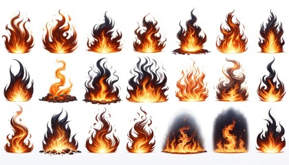 A series of realistic flames of various shapes and intensities, ranging from small flickers to large blazes, on a White background for use in fire-related designs. - obrazy, fototapety, plakaty