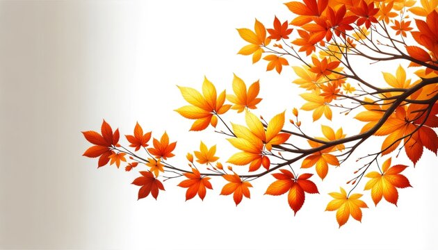 A branch with autumn leaves in vibrant shades of orange and yellow, partially obscuring the frame with a White background, indicating fall season.