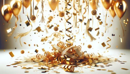 A shower of golden confetti and streamers falling down, with a mix of blurry and focused pieces, on a White background, perfect for celebrations.