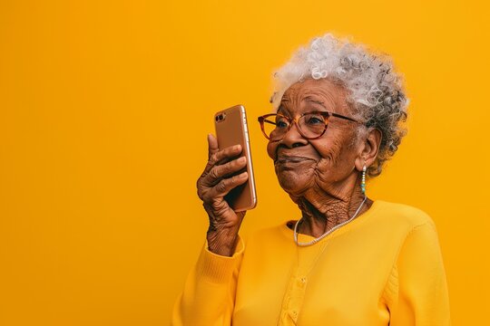 Happy Senior Black Woman Seen Using Cellphone 