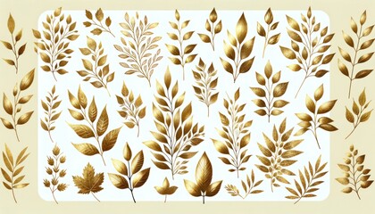 A collection of golden botanical illustrations, featuring leaves and branches with a shimmering texture, on a white background, suitable for any decor. - obrazy, fototapety, plakaty