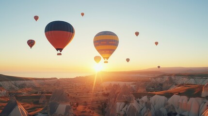 Obraz premium Hot air balloons flying over mountain at sunrise