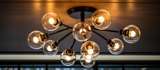 Modern light fixture with round globes viewed from below - obrazy, fototapety, plakaty