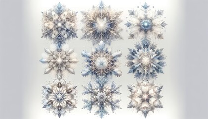 A collection of delicate, frosty snowflakes, each with a unique geometric pattern, glittering in...
