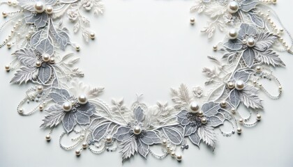 A delicate lace border with silver threads and tiny pearls, adding a touch of elegance and romance to invitations or cards, on a white background.