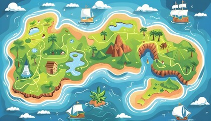 Naklejka premium Cartoon map with sea and island