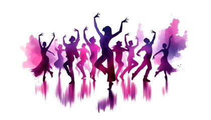 A silhouette of a dance troupe performing, with dynamic poses in a purple and pink watercolor gradient, on a white background, evoking a vibrant dance performance.