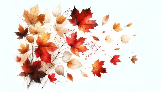Gently falling maple and birch leaves in a watercolor style, with reds and golds, some in focus and others fading away, on a white background, capturing the essence of autumn.