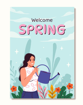 Fototapeta Welcome spring poster. Woman watering flowers. Care about plants in garden. Cover or banner for website. Wild life and flora. Cartoon flat vector illustration isolated on white background
