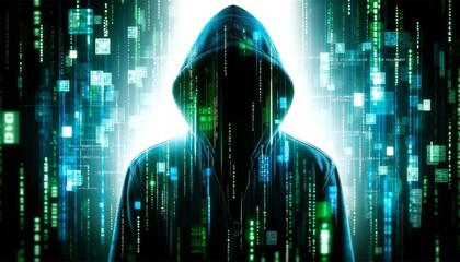 A silhouette of a figure in a hoodie against a backdrop of neon blue and green digital code, creating a mysterious hacker vibe, isolated on a white background.