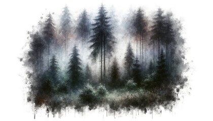 A foggy, dense forest painted in an impressionist style, with each stroke capturing the mysterious and ethereal beauty of nature, isolated on a white background.