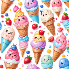 Colorful assortment of cartoon ice cream cones with playful faces on a white background