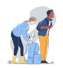 People in trip linear. Man and woman with blue backpack at nature. Tourists and travellers walk outdoor. Holiday and vacation. Doodle flat vector illustraton isolated on white background