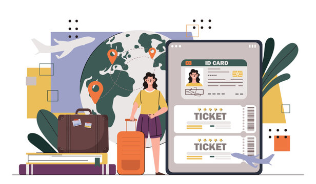 Time to travel concept. Woman with luggage standing near world map with pins. Traveler and tourist with route. Holiday and vacation. Cartoon flat vector illustration isolated on white background