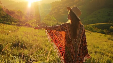 Beautiful boho woman wearing a poncho is enjoying the fresh air in the park with green grass at sunset - obrazy, fototapety, plakaty