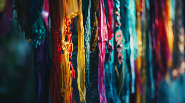 Shimmering strands of colored ribbons hang from a frame representing the connection between sound and spirit in the shamanic tradition. © Justlight