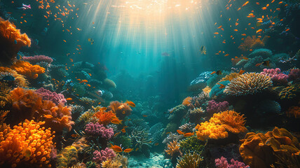Fototapeta na wymiar Vibrant underwater seascape with sunbeams illuminating colorful coral reef.