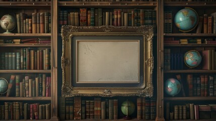 treasured memory captured in a frame sits on a bookshelf crammed with novels and biographies - obrazy, fototapety, plakaty