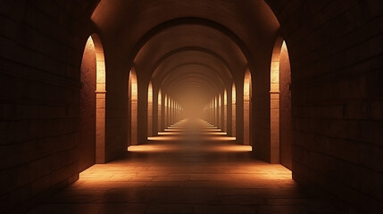 3d render roman ancient tunnel corridor made of stone decorated with torches and arches background - obrazy, fototapety, plakaty