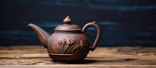 Clay teapot placed on wooden surface - obrazy, fototapety, plakaty