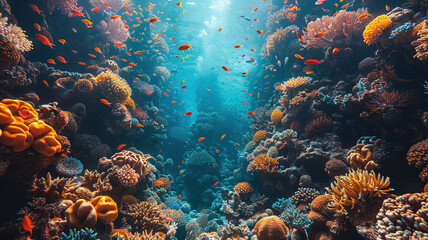 Vibrant underwater seascape with sunbeams illuminating colorful coral reef.