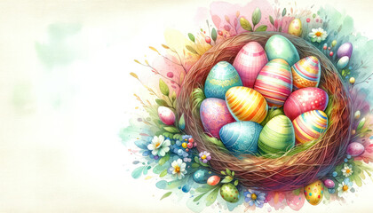 Fototapeta na wymiar Vibrant watercolor Easter eggs in a nest and vibrant spring flora, for festive celebration Easter and holiday projects.