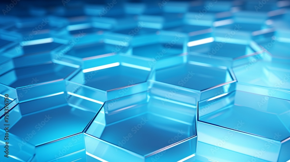 Sticker A 3D rendering showcases blue transparent hexagons.