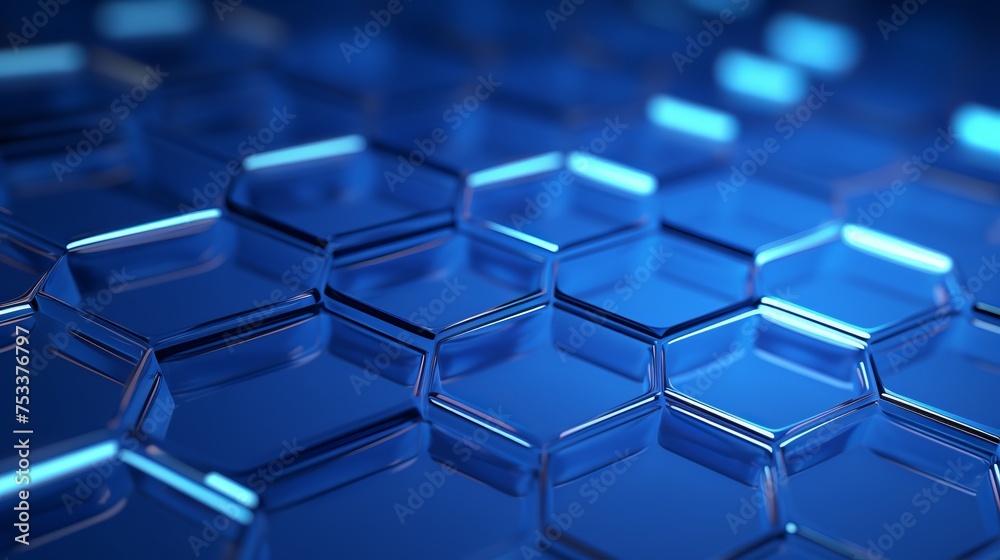 Sticker A 3D rendering showcases blue transparent hexagons.