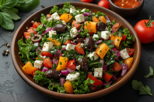 Mediterranean Salad Bowl with Fresh Vegetables and Feta Cheese