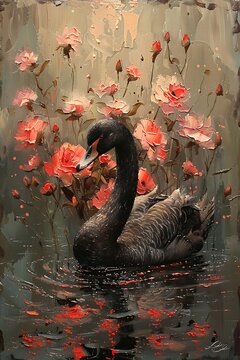 moody black swan with flower painting for wall art and decoration background illustration