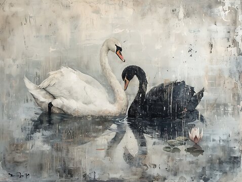 moody black and white swan painting for wall art and decoration background illustration, animal inspires art work