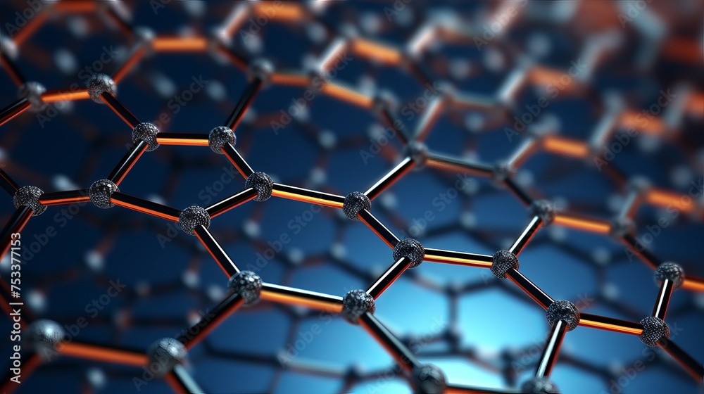 Sticker A close-up 3D rendering illustrates an abstract nanotechnology hexagonal geometric form, representing the concept of graphene molecular structure.