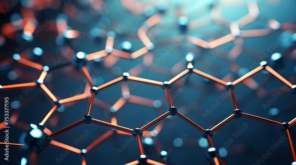 Wall mural A close-up 3D rendering illustrates an abstract nanotechnology hexagonal geometric form, representing the concept of graphene molecular structure.