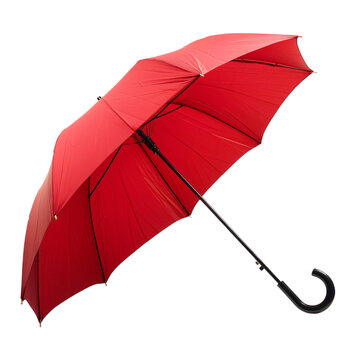 An opened red umbrella with a black handle on an isolated background
